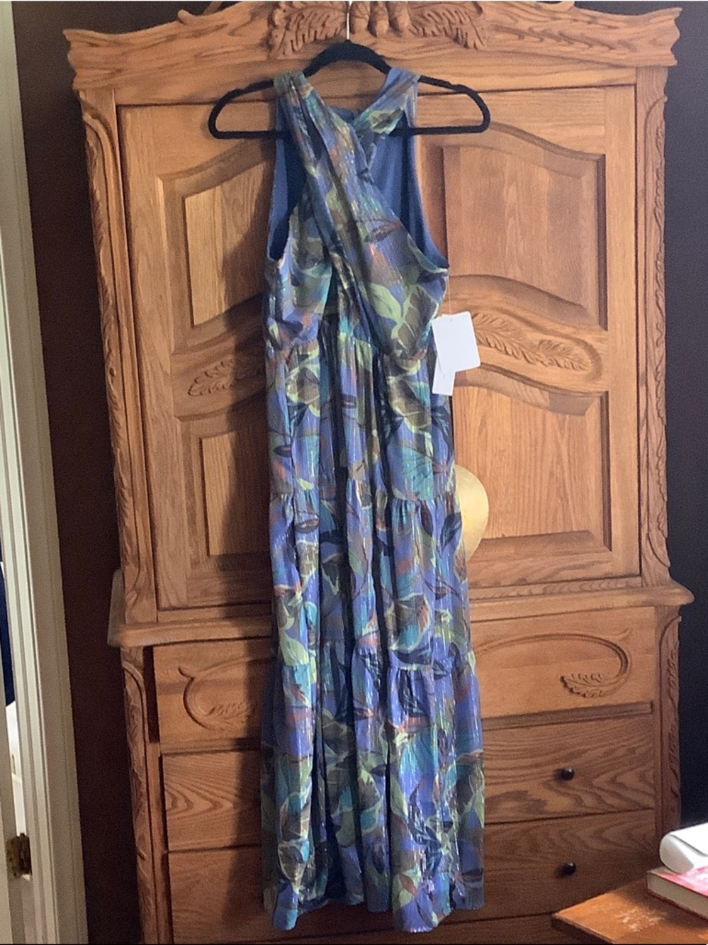 Nicole Miller Blue and Green Leaf-Print Maxi Dress